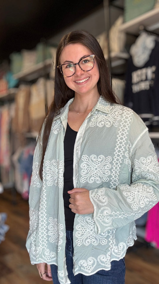 Mint Embroidered Button Down One Size POL