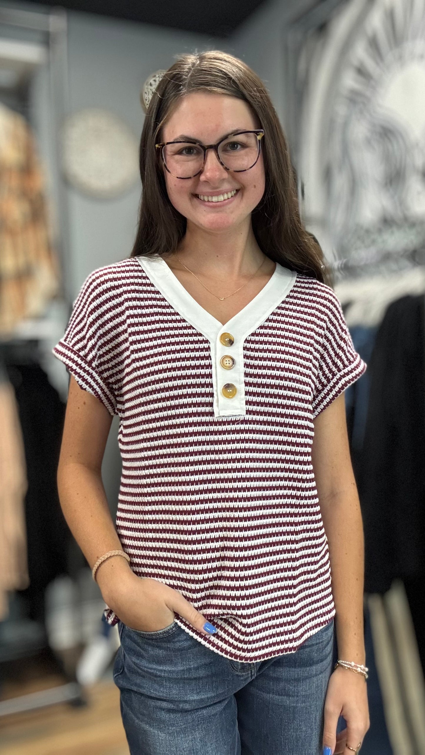 Wine White Striped V Neck