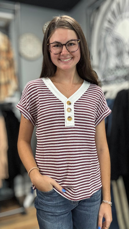 Wine White Striped V Neck