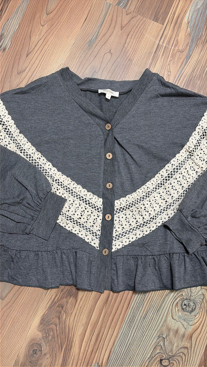 Grey Lace Trim V Neck