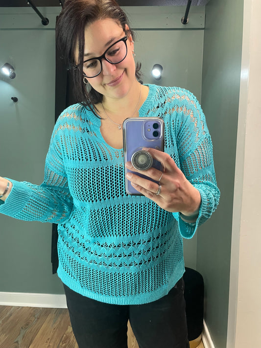 Mint Teal Open Knit Long Sleeve V Neck