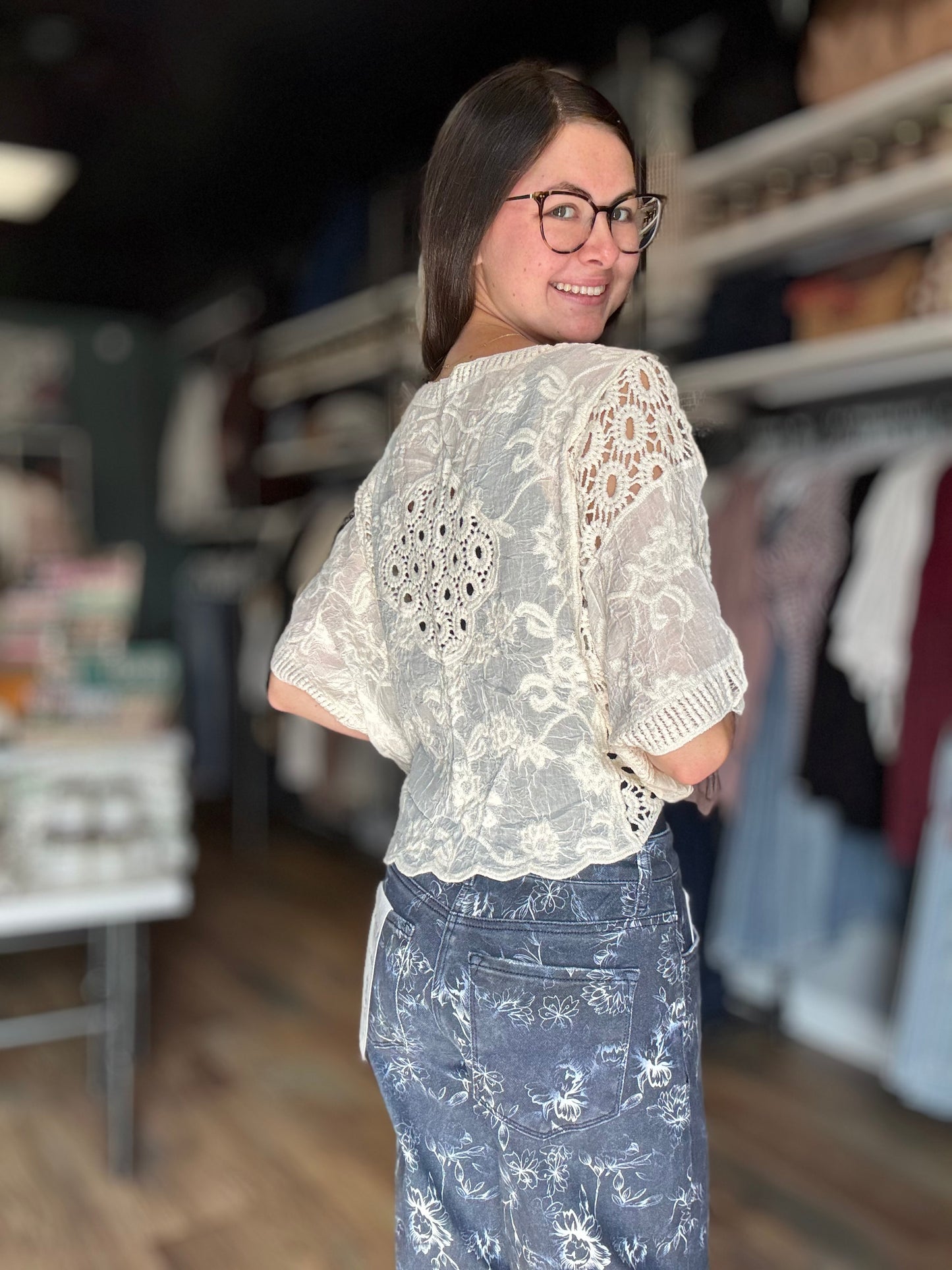 Beige One Size Open Front Eyelet Cardigan