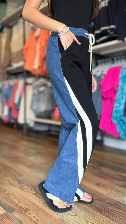 Black Cream Contrast Elastic Waist Denim