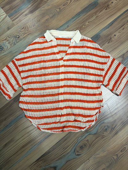 Orange Striped Knit Button Up