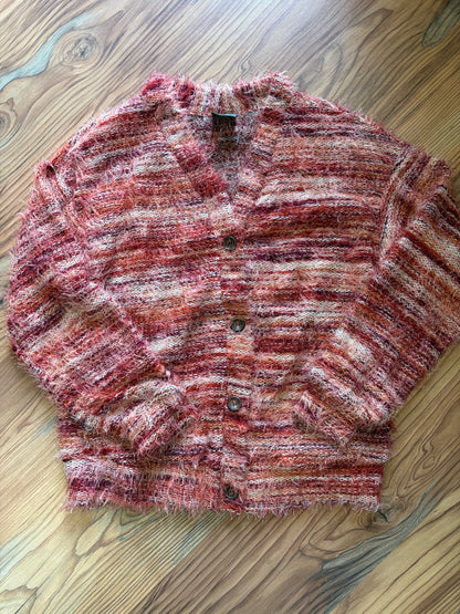 Red Tonal Fuzzy V Neck Button Cardi