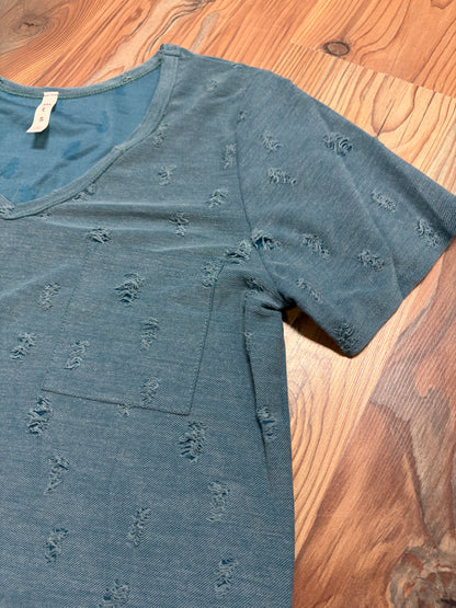 Teal Distressed V Neck