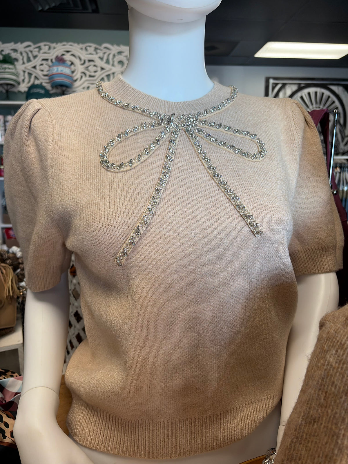 Oatmeal Glitzy Bow Knit