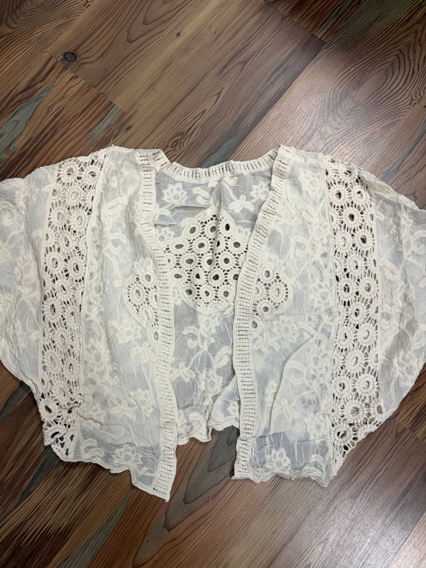 Beige One Size Open Front Eyelet Cardigan