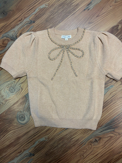 Oatmeal Glitzy Bow Knit