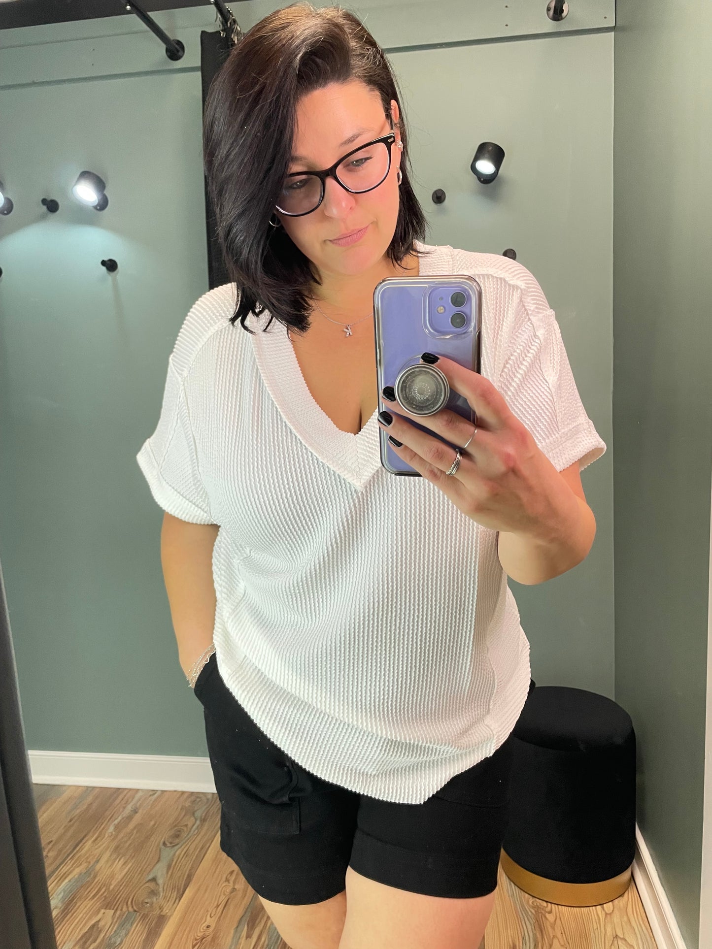 White Textured V Neck