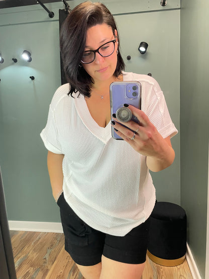 White Textured V Neck