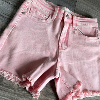 Pink Denim Frayed Hem Shorts