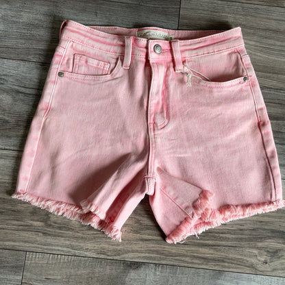 Pink Denim Frayed Hem Shorts