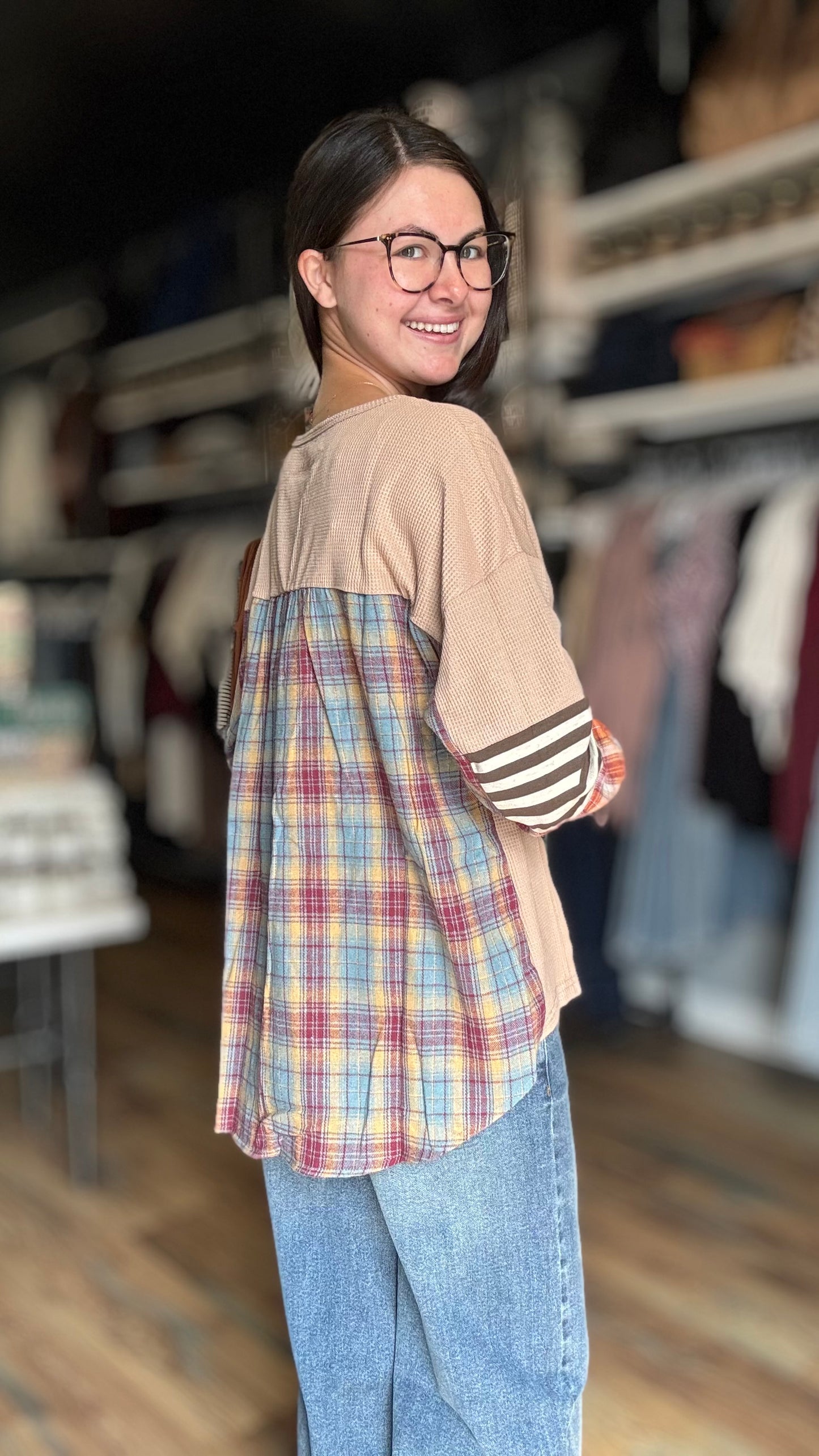 Tan Waffle Plaid Long Sleeve