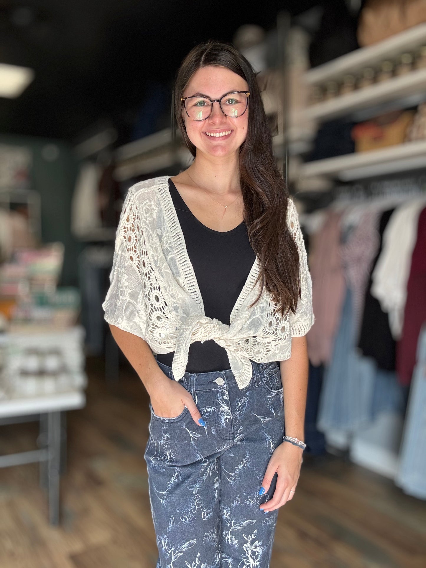 Beige One Size Open Front Eyelet Cardigan
