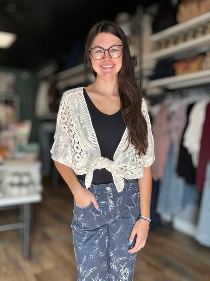 Beige One Size Open Front Eyelet Cardigan