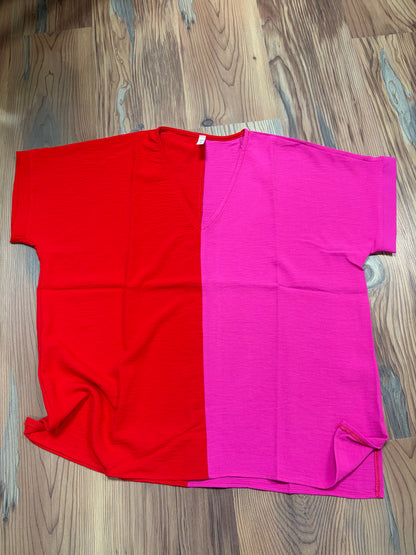 Red Fuchsia V Neck Top