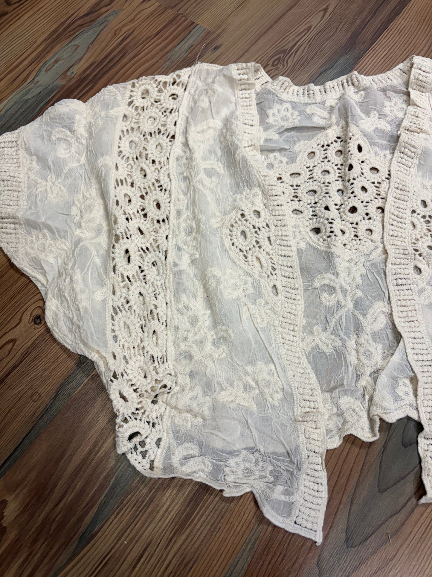 Beige One Size Open Front Eyelet Cardigan