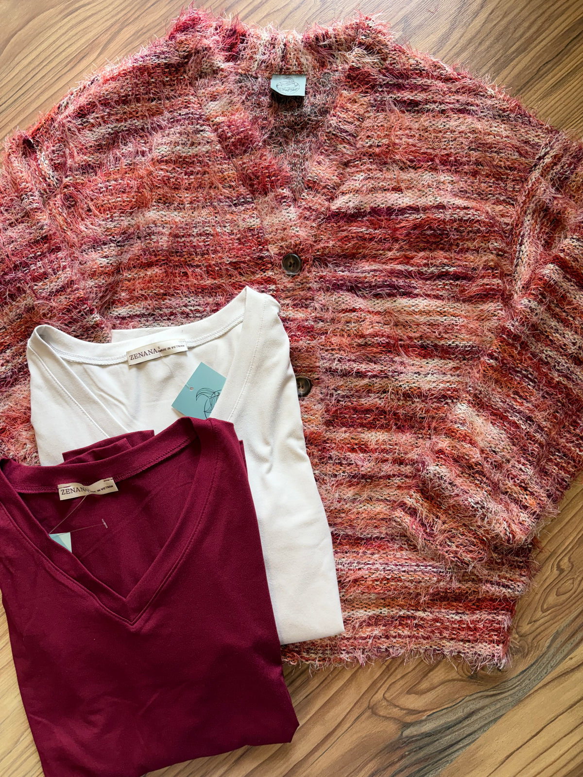 Red Tonal Fuzzy V Neck Button Cardi