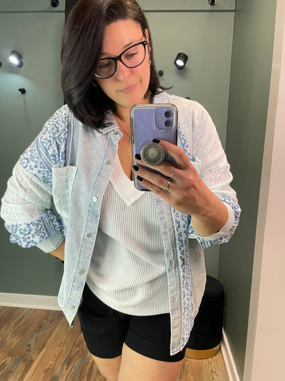 White Textured V Neck