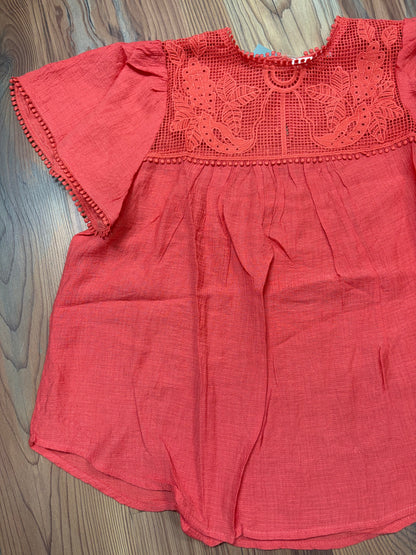 Coral Lace Neck Short Sleeve Blouse