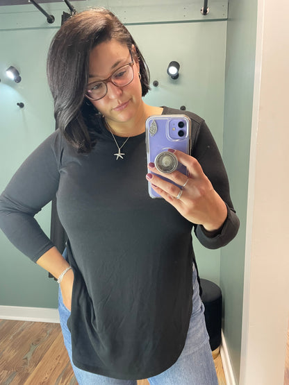 Black Long Sleeve Side Slit Top