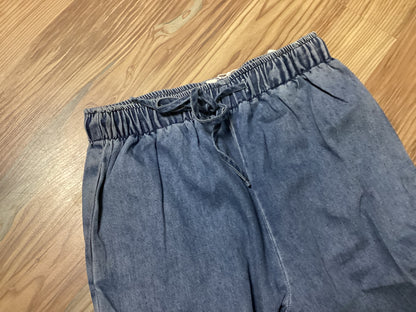 Chambray Wide-Leg Pants Lace Hem