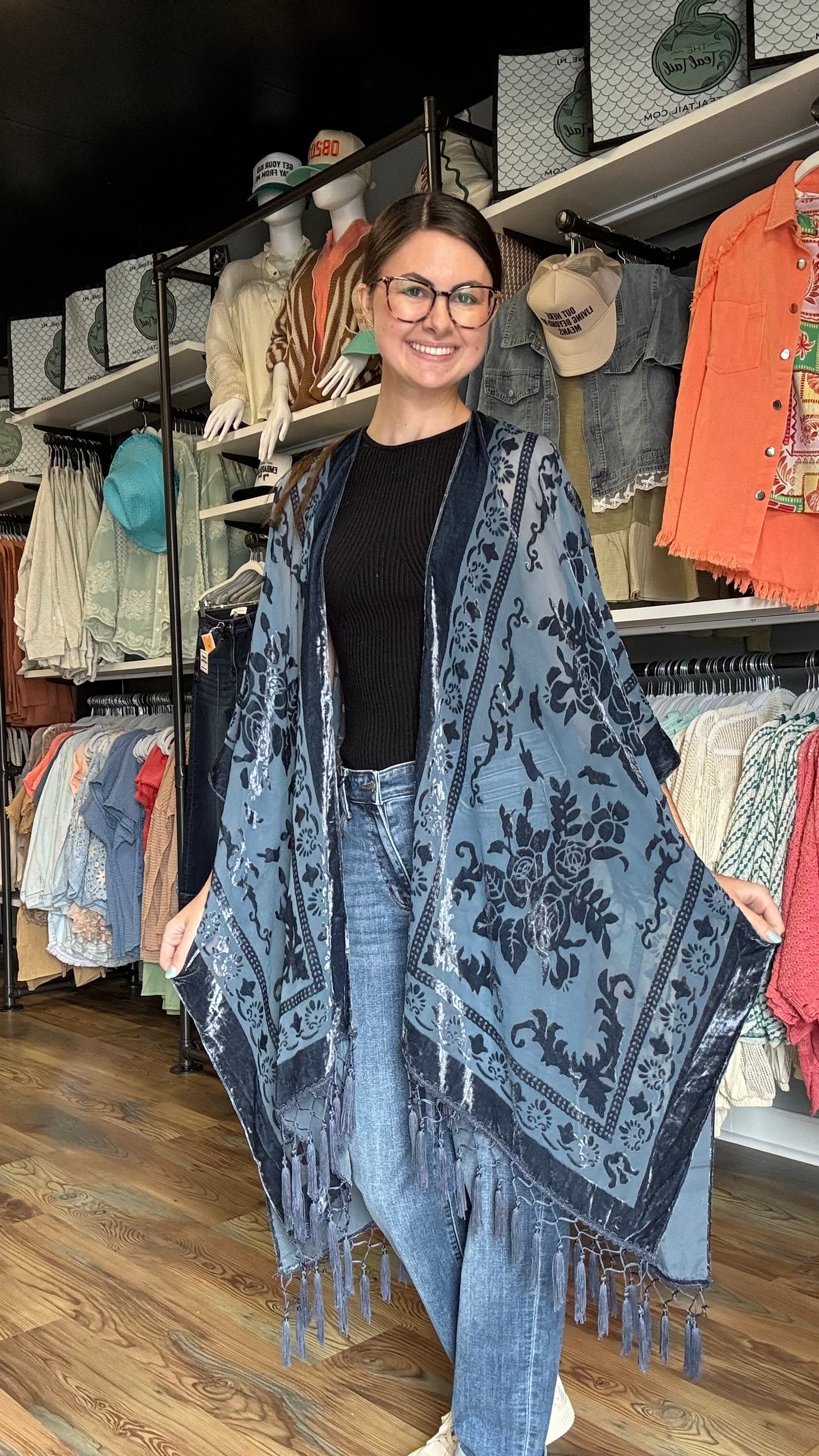 One Size Blue Velvet Tassel Kimono