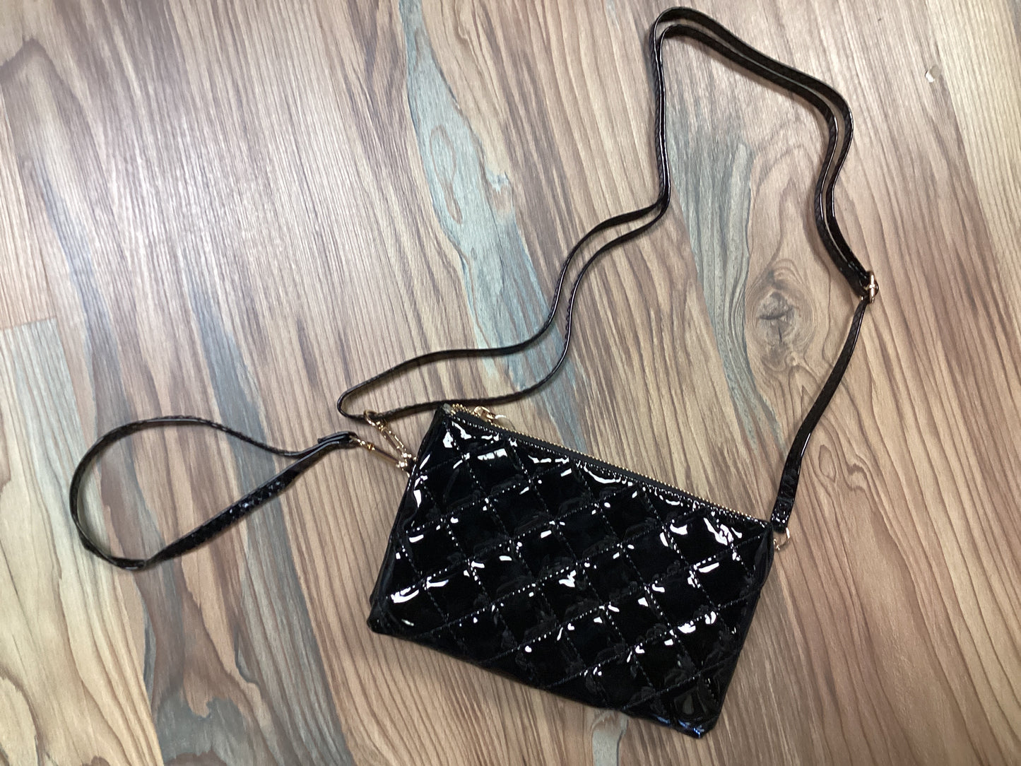 Black Patent Vegan Leather Crossbody Wristlet