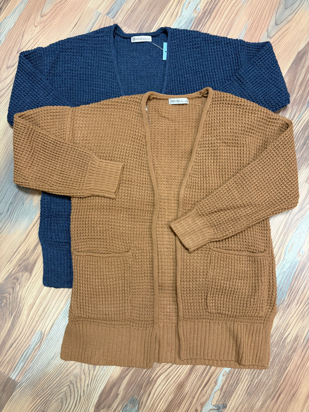 Deep Camel Open Front Waffle Cardi