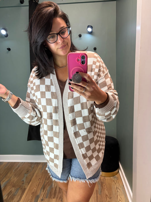 Checkered Open Front Cardigan