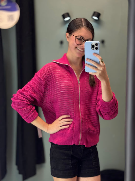 Magenta Collared Open Knit Zip