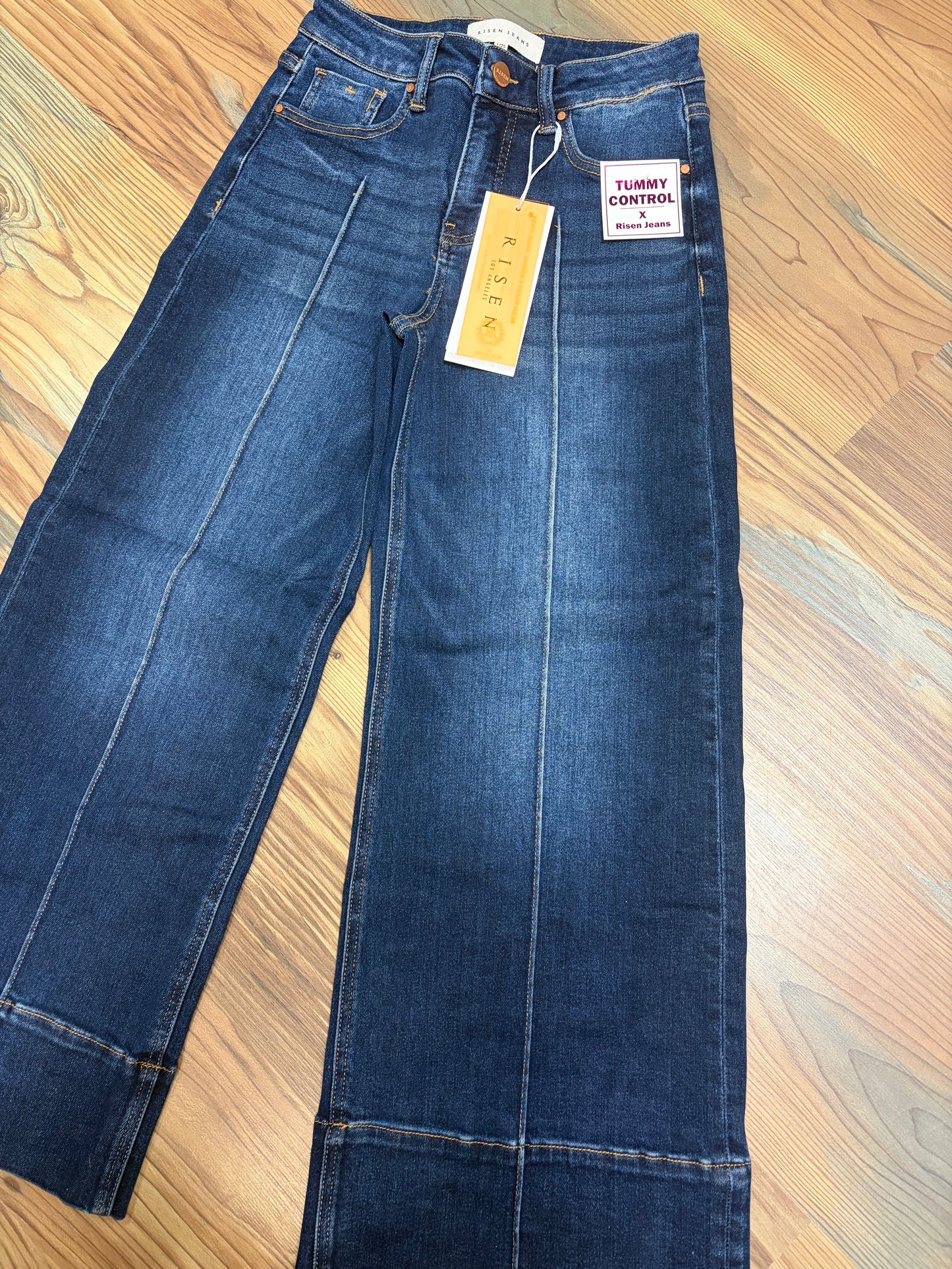 Risen Dark High Waist Pin Tuck Wide Leg Jeans