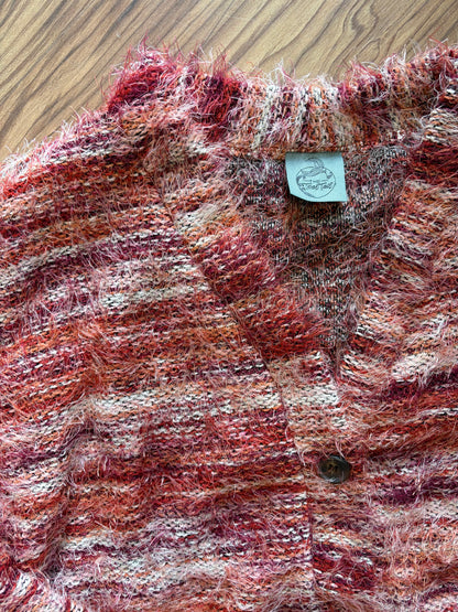 Red Tonal Fuzzy V Neck Button Cardi