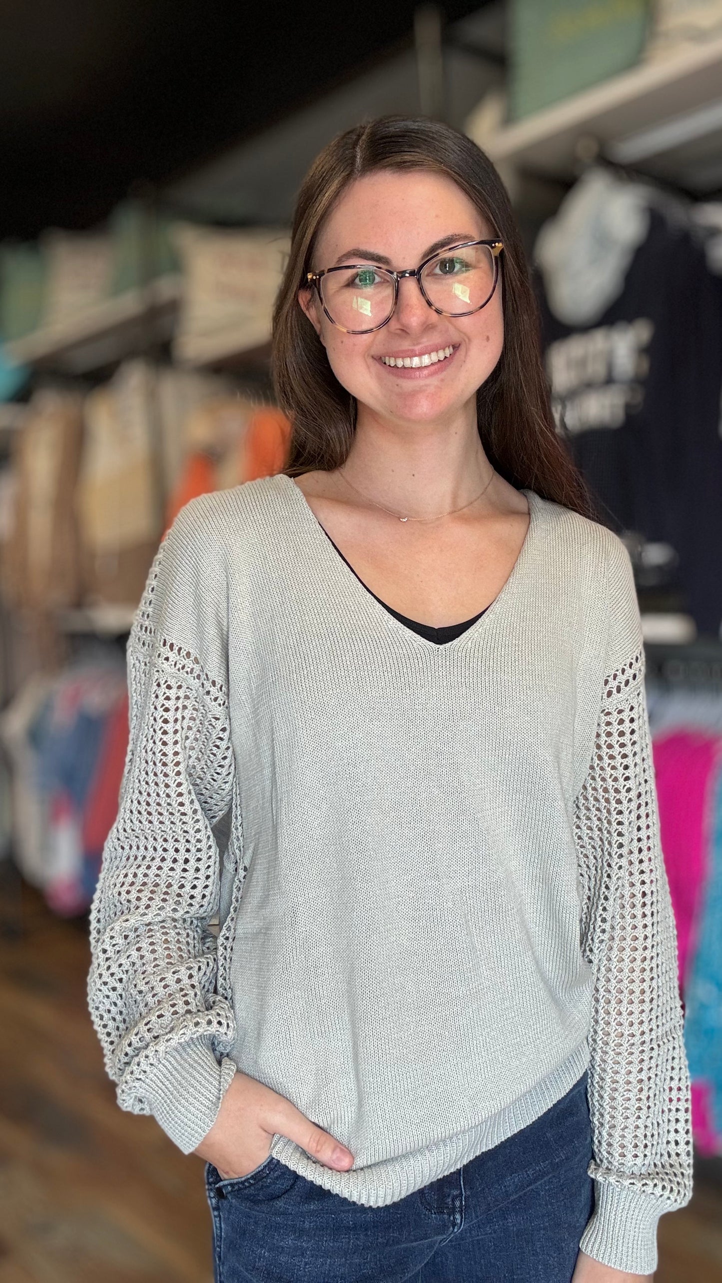 Grey Open Knit Long Sleeve