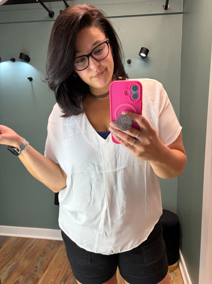 White Flowy V Neck Blouse