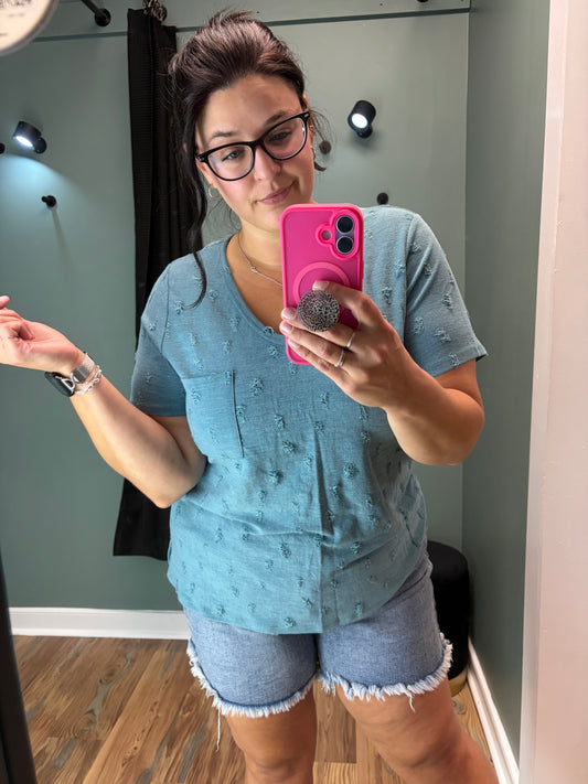 Teal Distressed V Neck