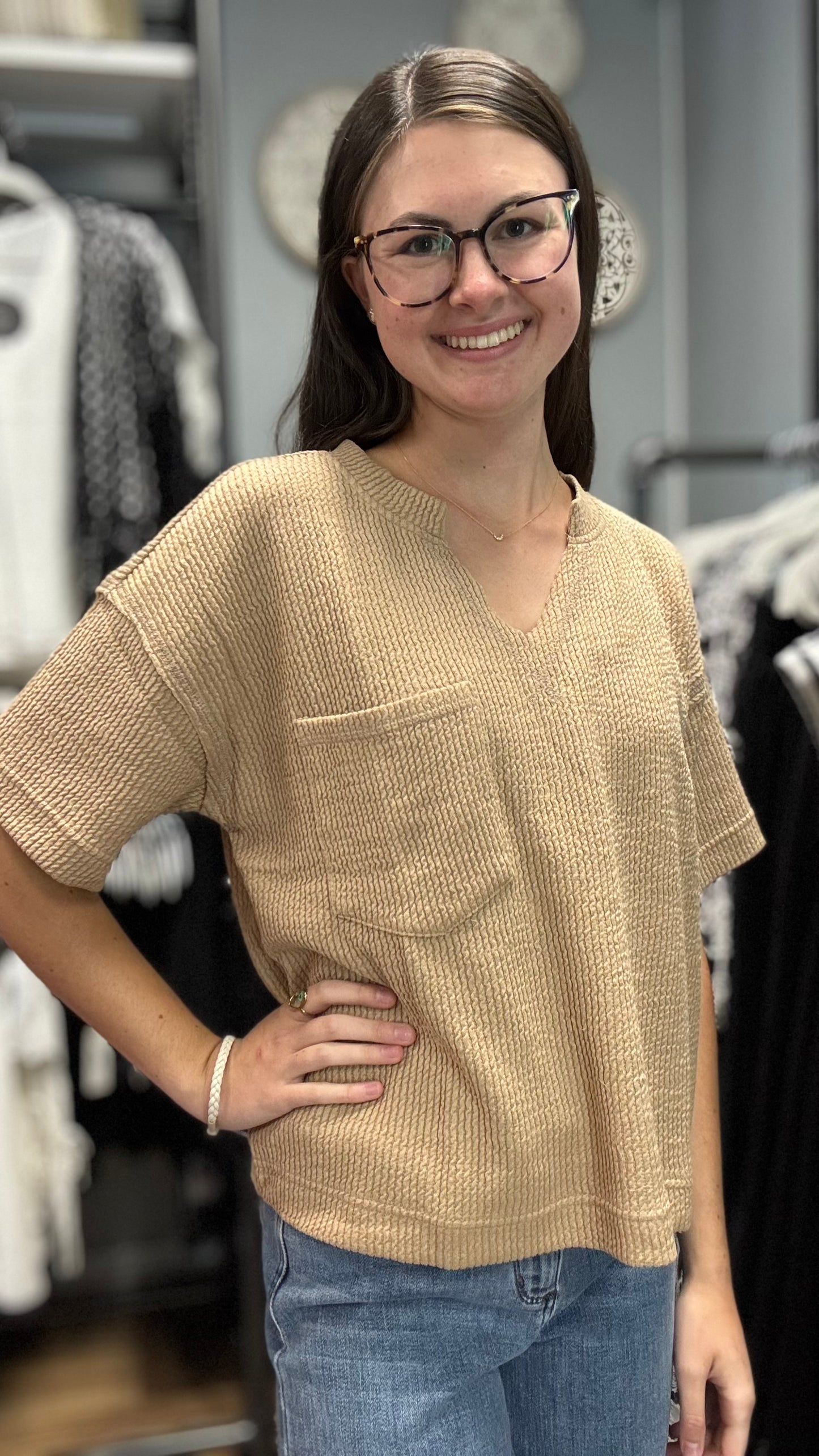 Khaki Ribbed Cropped V Neck