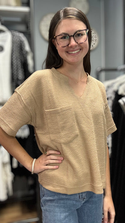Khaki Ribbed Cropped V Neck