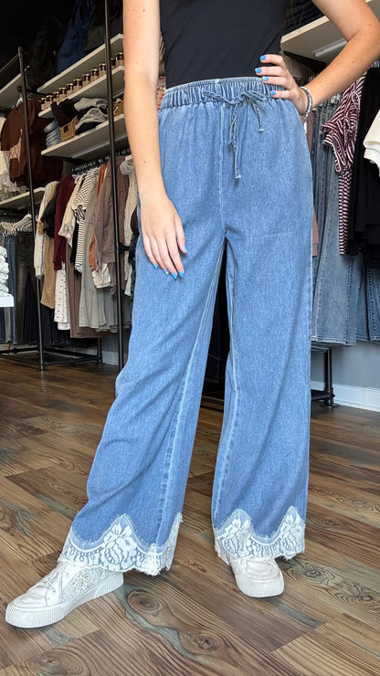 Chambray Wide-Leg Pants Lace Hem