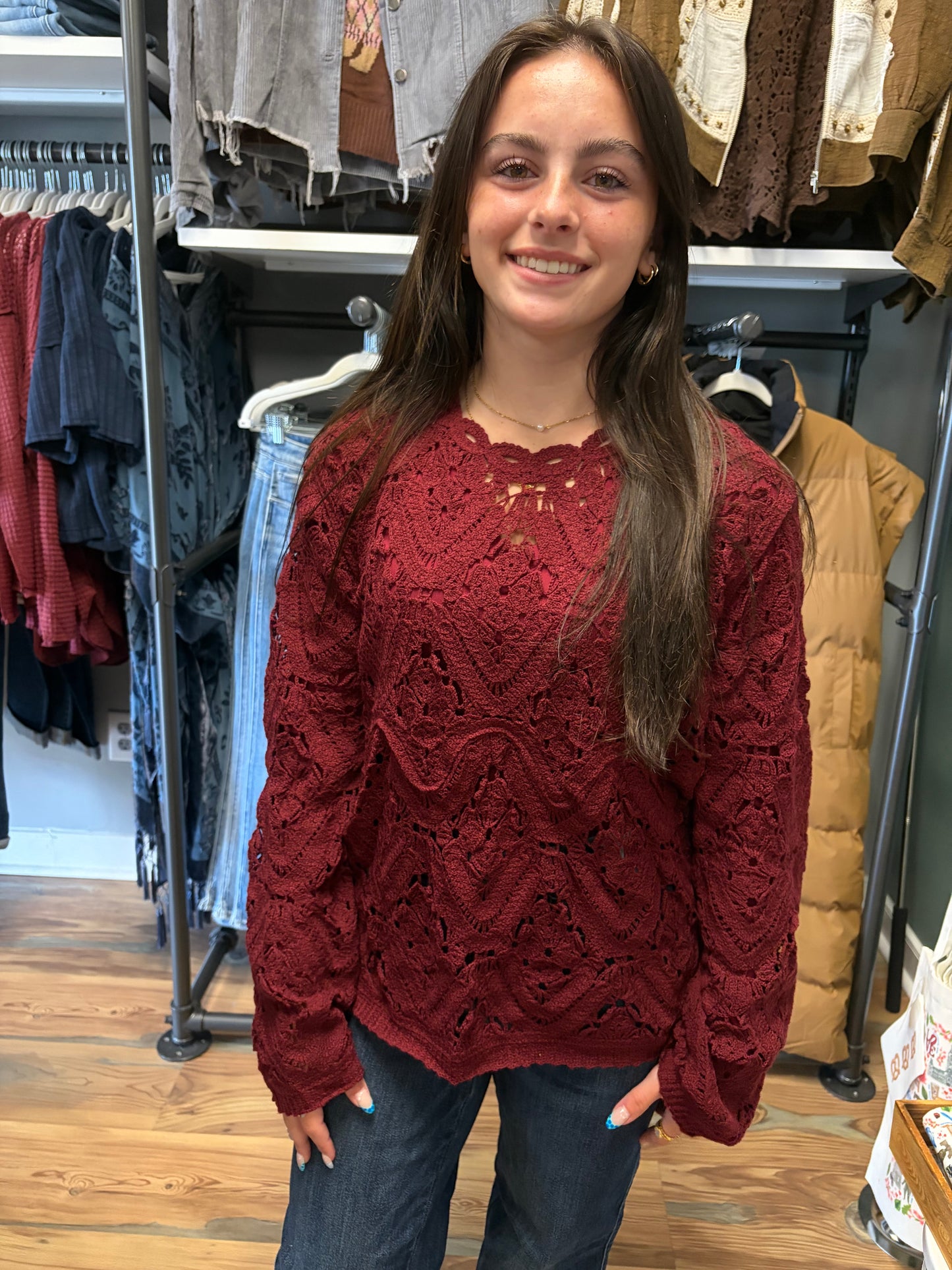 Burgundy Crochet Long Sleeve One Size