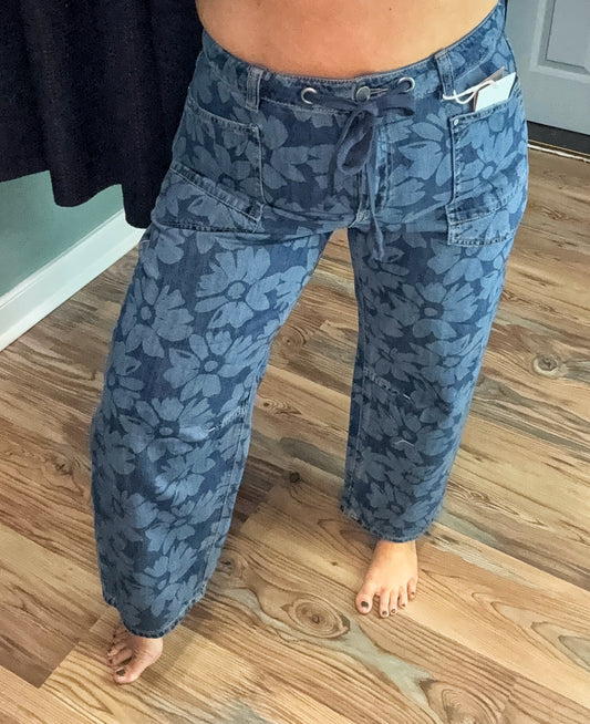 Risen Floral Dark Wash Barrel Jeans