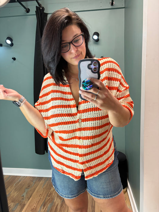 Orange Striped Knit Button Up