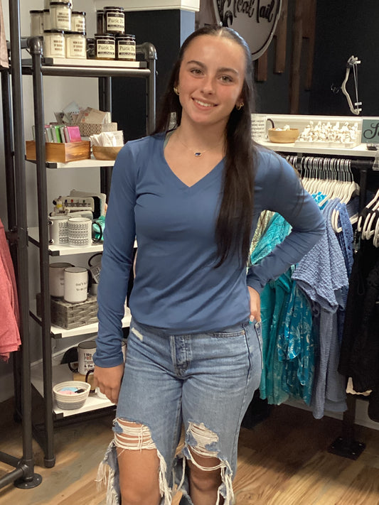 Zenana Softy V Neck Dusty Blue