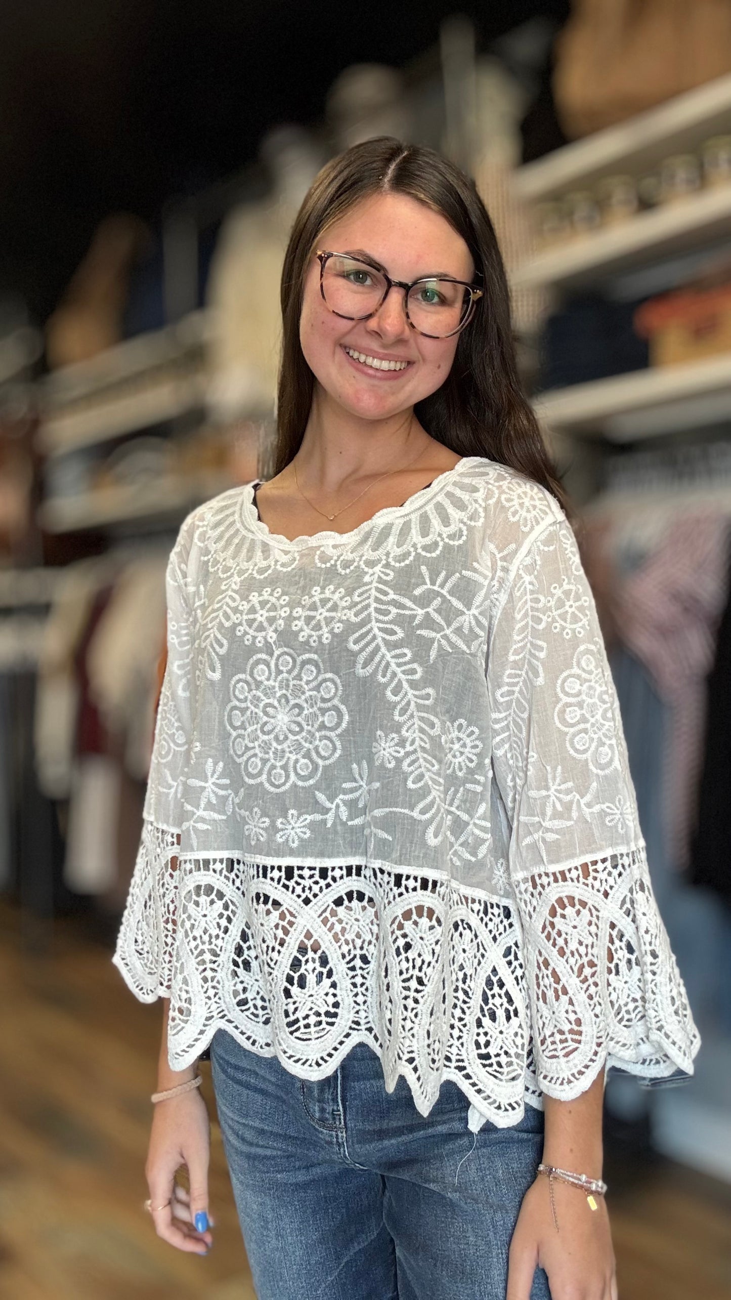 White Crochet Embroidered Top