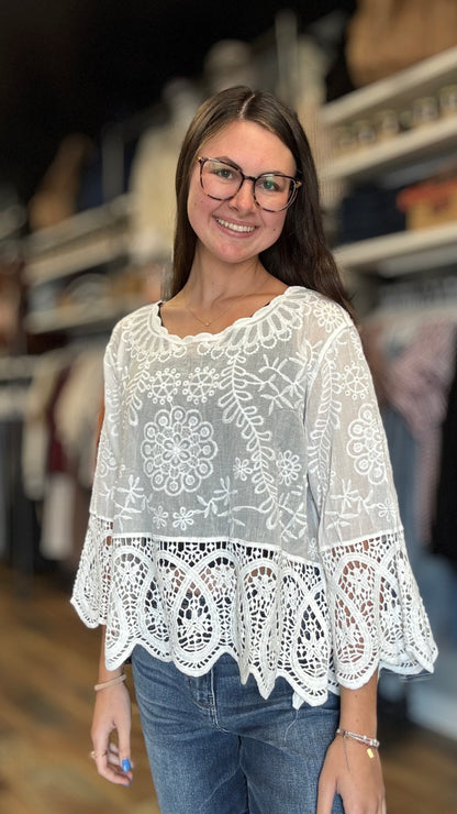 White Crochet Embroidered Top