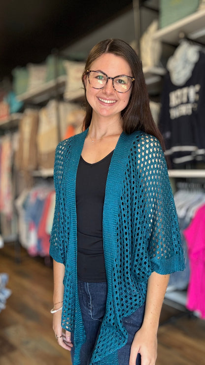 Teal Tie Open Knit Cardigan