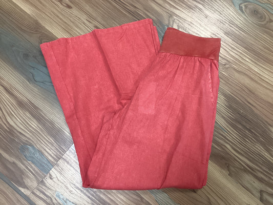 Washed Red Linen Blend Wide Leg Pants