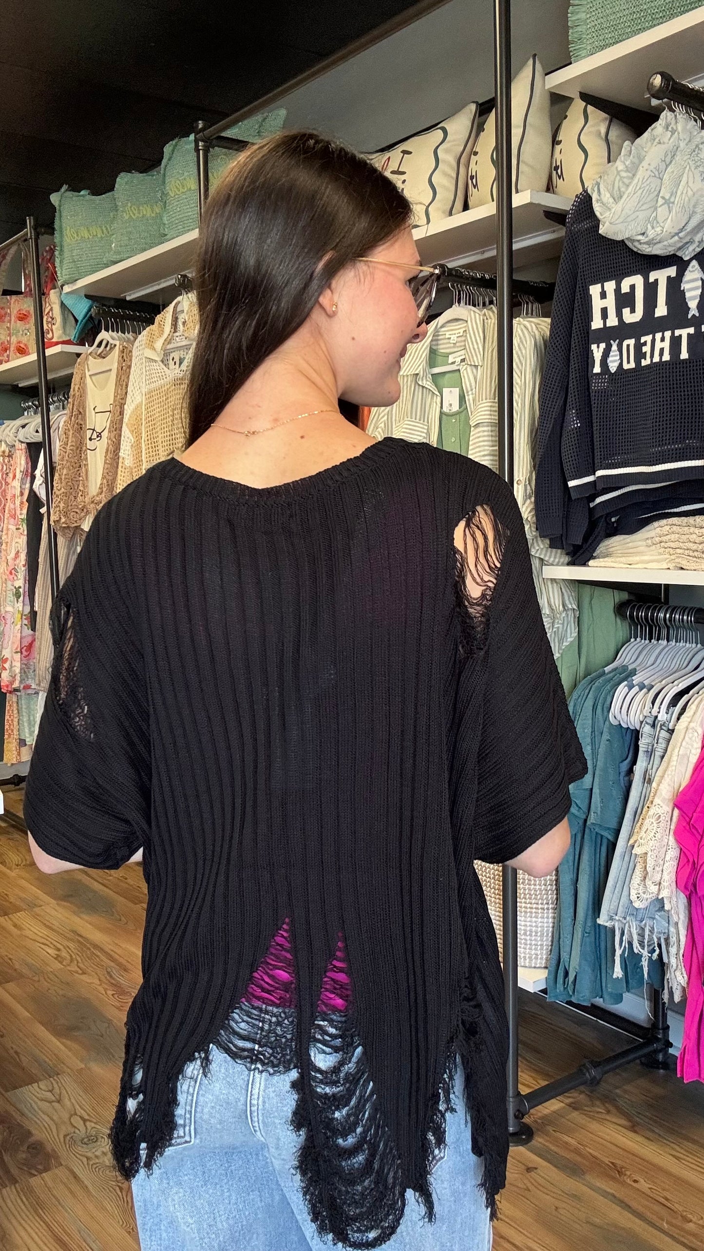 Black Distressed Ribbed Top