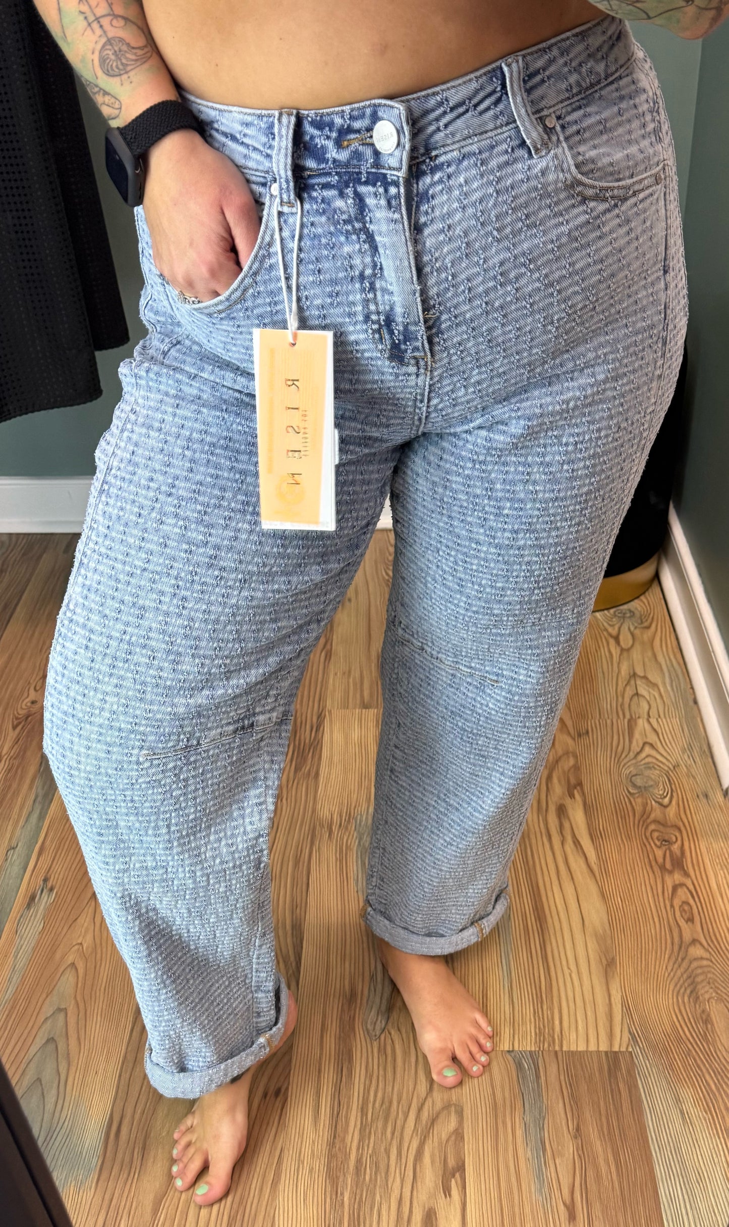 Risen Textured Washed Denim Jeans